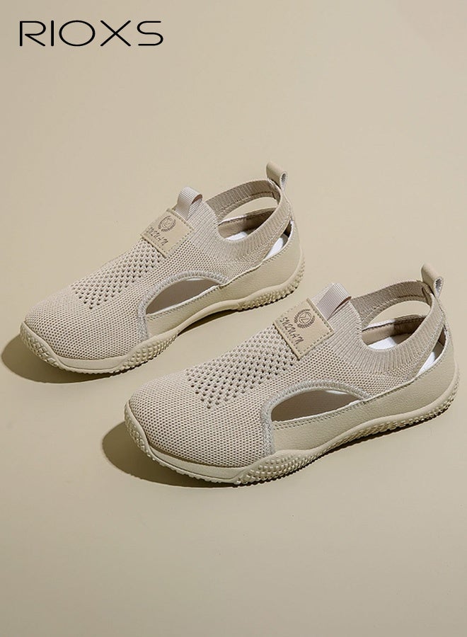 RIOXS Women's Casual Sneakers, Breathable Knitted Mesh Lining, Shock-Absorbing Moisture-Wicking, Durable Slip-Resistant Round-Toe Lace-Up Low-Top Shoes, Perfect for Walking, Commuting, or Casual Outings, Khaki - Image 4